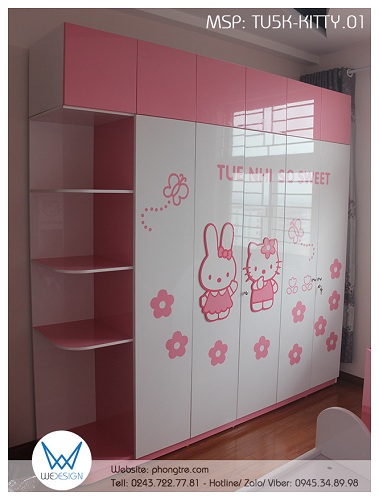 Tủ liền kệ trang trí Mèo Hello Kitty và Thỏ Melody xinh tươi bên hoa bướm TU5K-KITTY.01