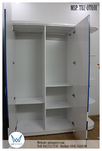 Kết cấu tủ áo 2 cánh - 2 buồng liền kệ trang trí TU2-OTO.01