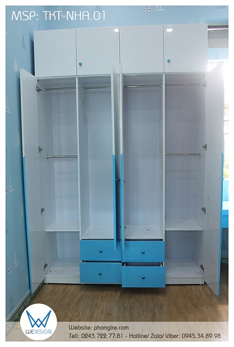 Kết cấu tủ có tủ kho trang trí ngôi nhà chia 4 cánh - 4 buồng - 4 ngăn kéo của 2 bé trai nhà chị Bích